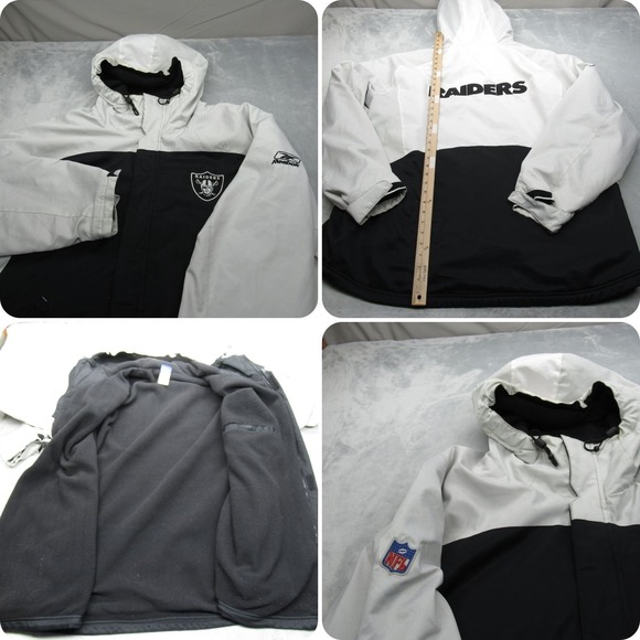 Reebok Raiders Jacket Mens Black White Water Resistant NFL Full Zip Hood Fleece - Picture 1 of 16